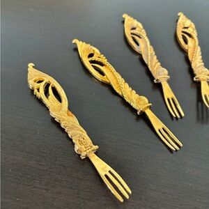 Vintage Ornate Gold Drinkware Forks, cocktail picks